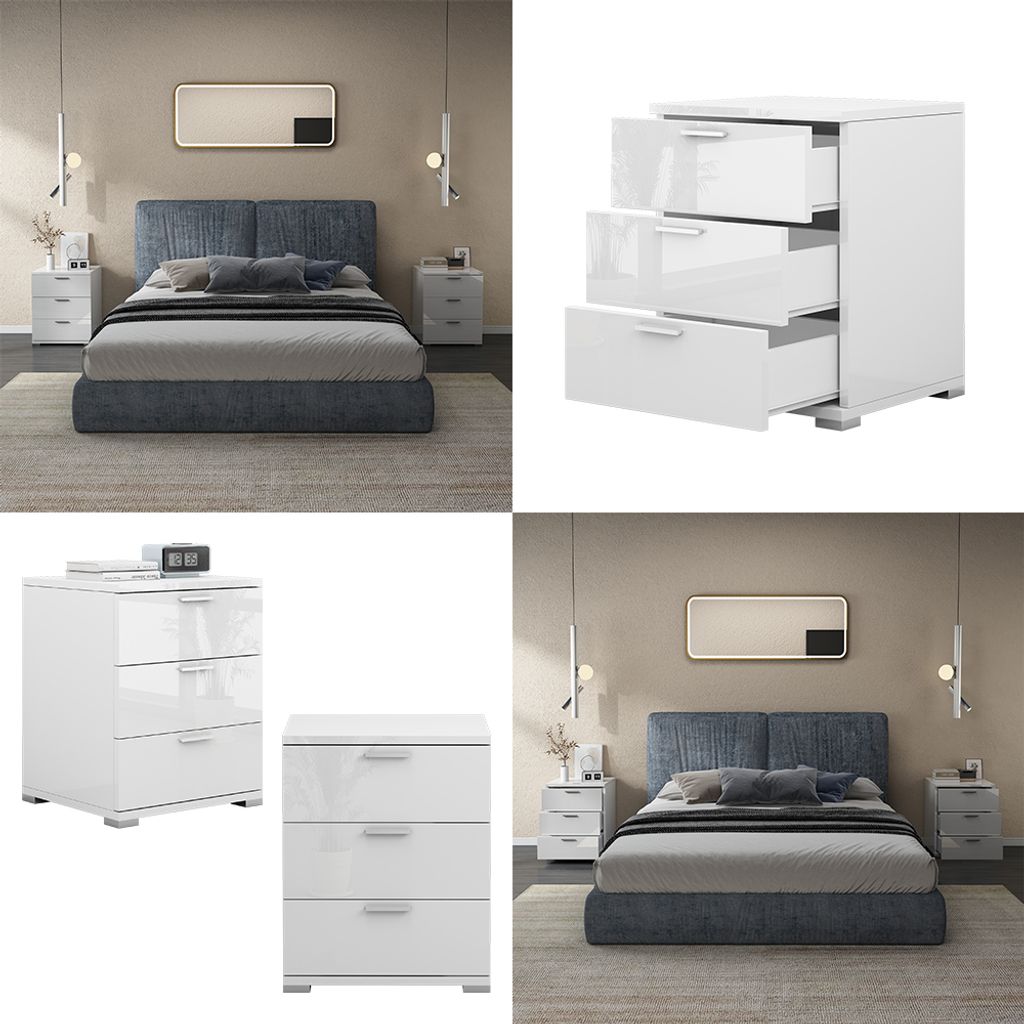 Vicco Nachttisch Marseille – Weiß Hochglanz, 46,2x60x42 Cm, Mit 3 Schubladen, Platzsparend
