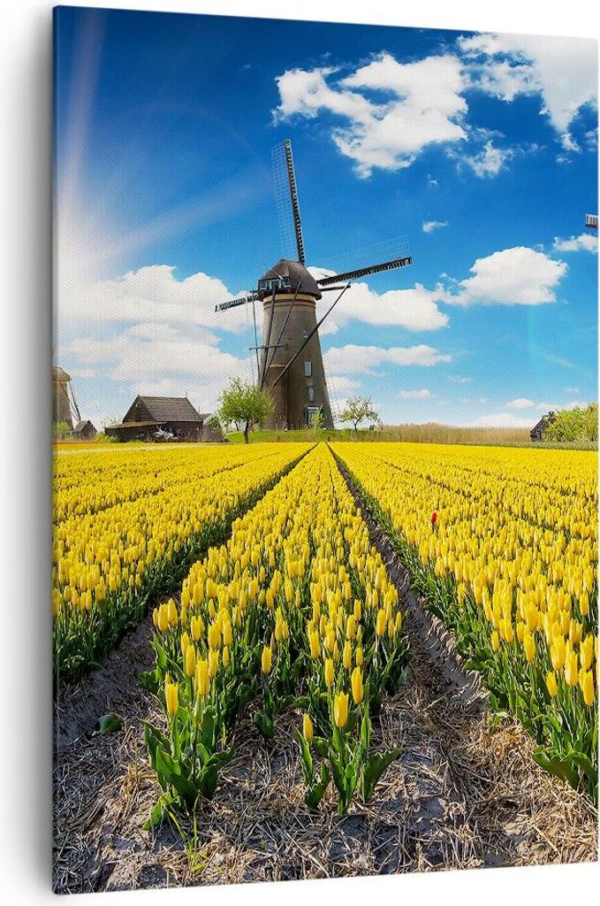 Bild auf Leinwand - Leinwandbild - Einteilig - Tulpen Windmühle Wiese Landschaft - 70x100cm - Wand Bild - Wandbilder - Leinwanddruck - Wanddekorat...