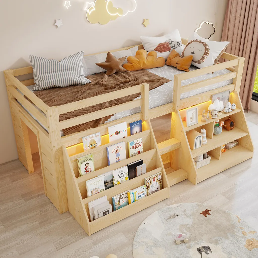 Lit mezzanine bois 90 x 200 cm avec éclairage LED et barrière sécurité