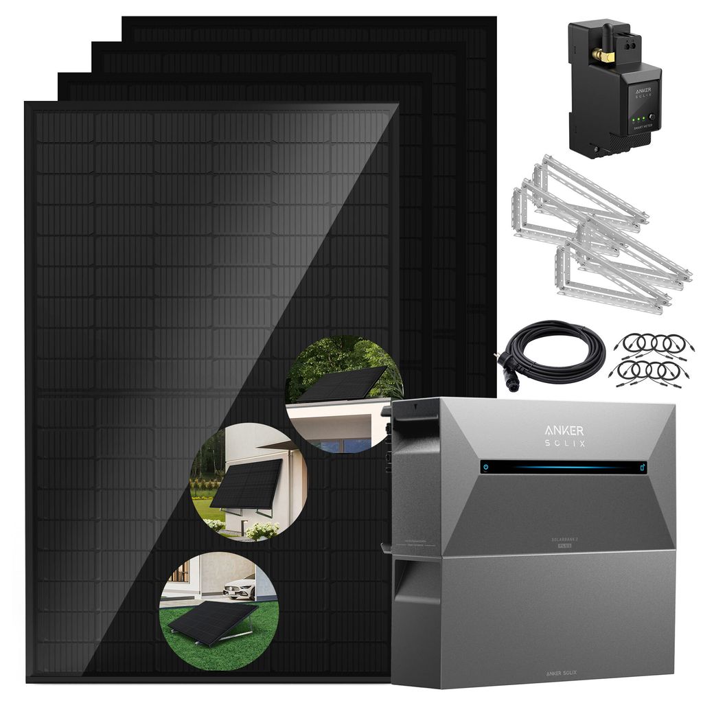 Balkonkraftwerk mit Speicher 2000w (500w*4) mit Anker Solix Solarbank 2 E1600 Pro