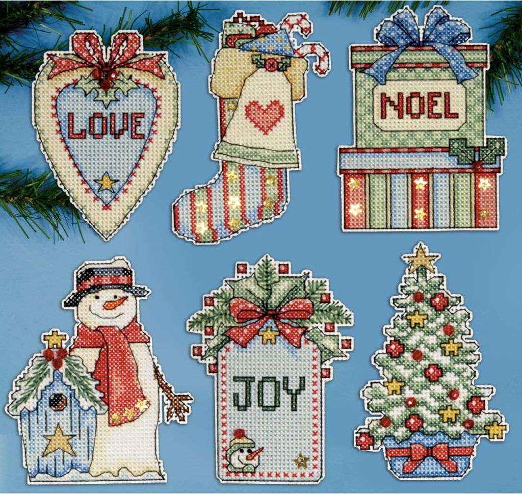 Design Works Kreuzstich Stickpackung "Weihnachtsbaum Dekoration Weihnachten auf dem Land 6er Set", Zählmuster, 8x10cm