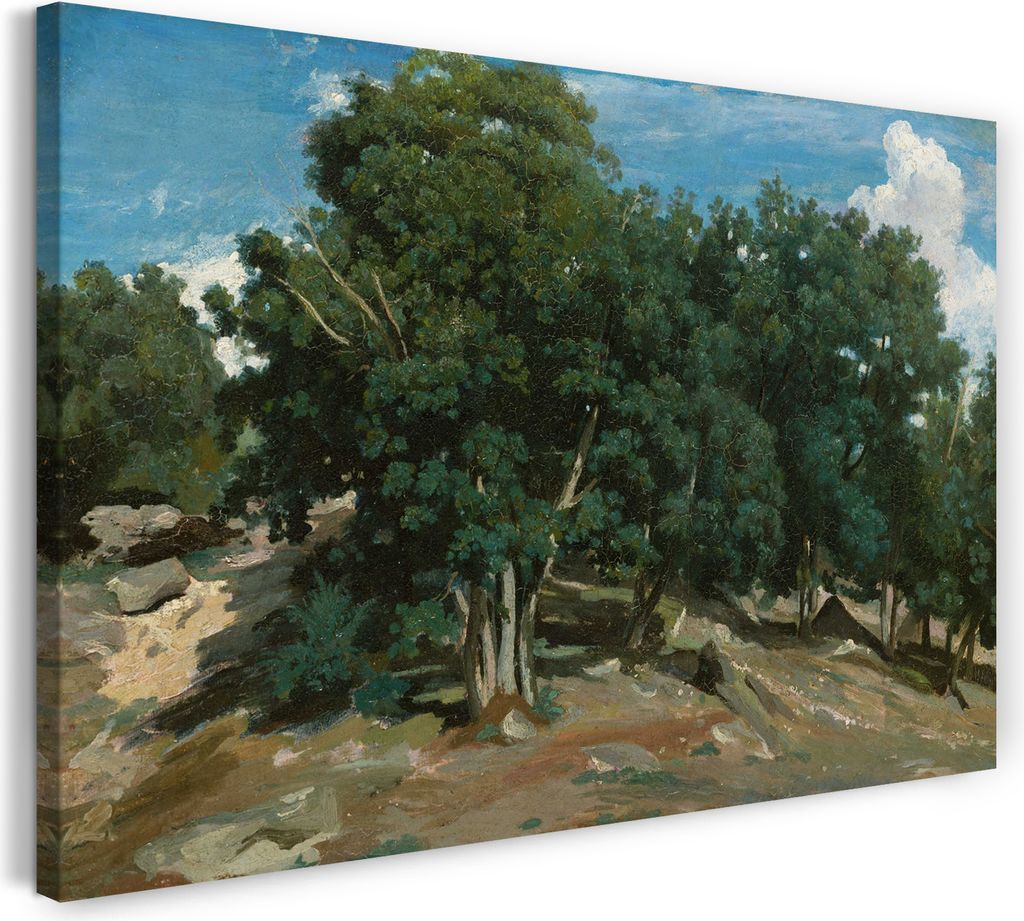 Leinwandbild (80x60cm): Jean Baptiste Corot - Fontainebleau Eichenbäume im Bas-Bréau, echter Holz-Keilrahmen inkl. Aufhänger, handgefertigt in D...