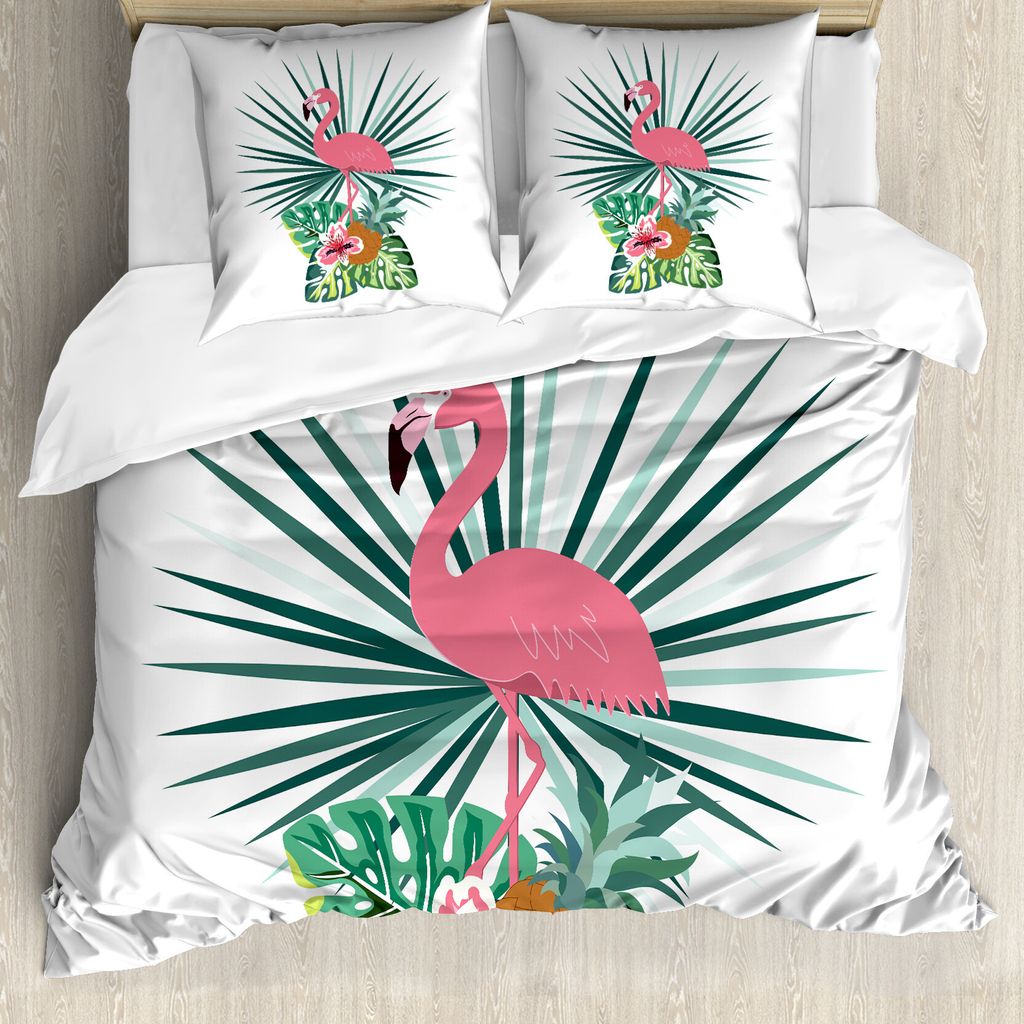 ABAKUHAUS Exotisch Bettbezug Set für Einzelbetten, Ananas Flamingo Botanik, Milbensicher Allergiker geeignet mit Kissenbezug, 200 cm x 200 cm - 80...