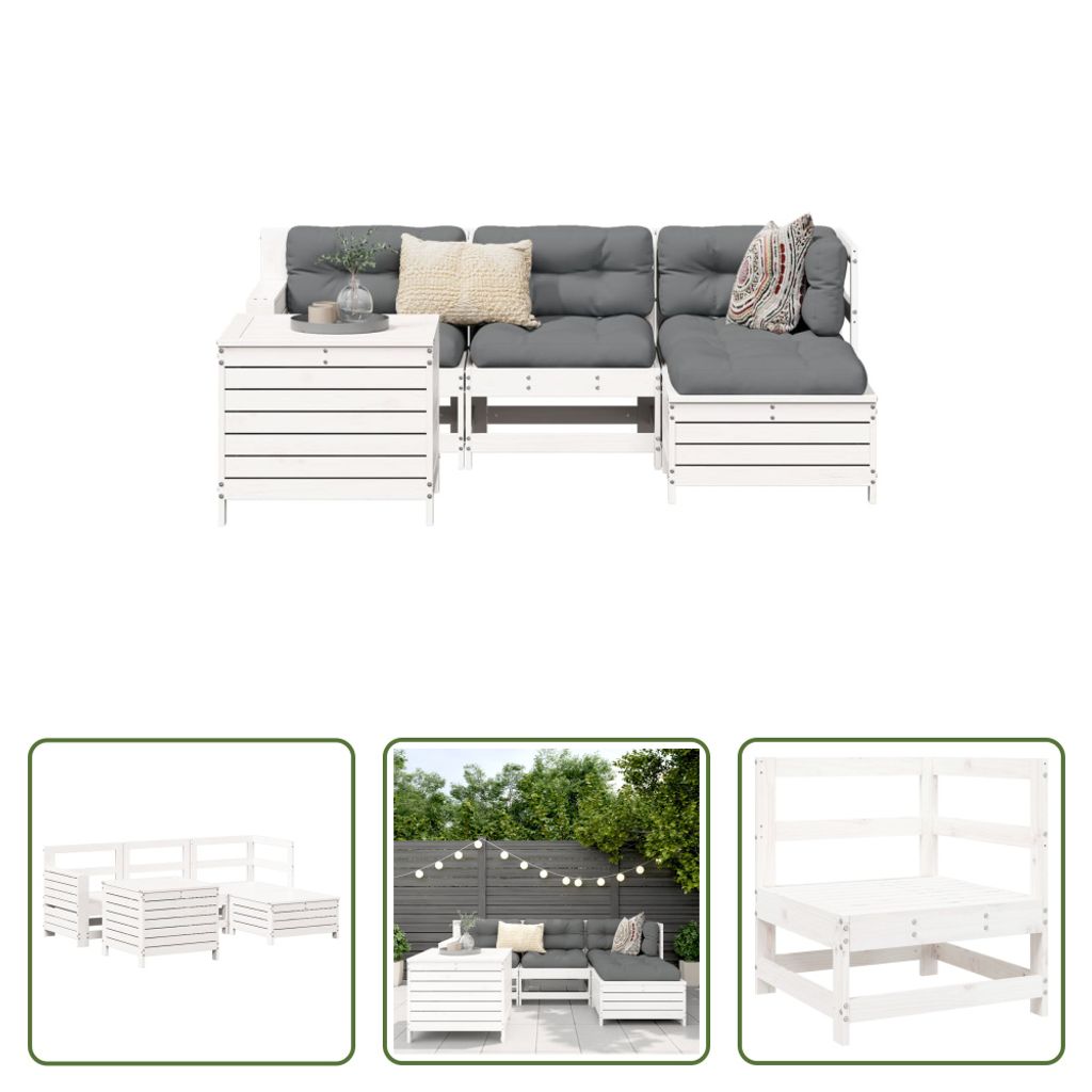 The Living Store 5-tlg. Garten-Sofagarnitur Weiß Massivholz Kiefer