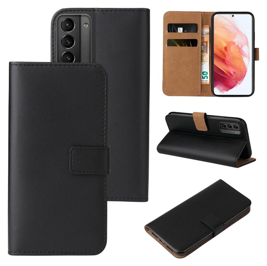 A collage of images showing a black flip phone case for a Samsung Galaxy S21 FE, with different angles and views.