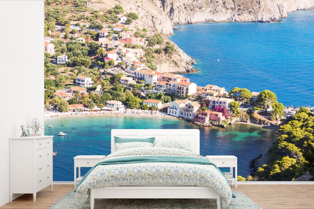 MuchoWow Fototapete für Wohnzimmer oder Schlafzimmer Wandtapete Vinyl Motivtapete Griechenland - Stadt - Meer - 390x260 cm - Papiertapete
