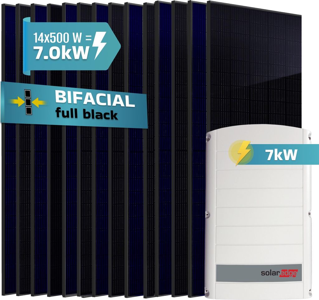 SUNNIVA 7.0 kW Solaranlage, 14x 500 W Solarmodule Fullblack Bifacial, Wechselrichter SolarEdge SE7K (3-phasig)