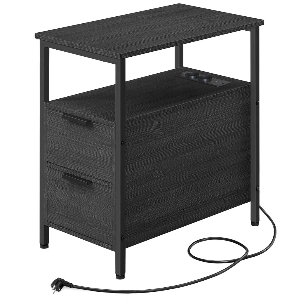 A dark wood and black metal side table with two drawers and a built-in power strip.