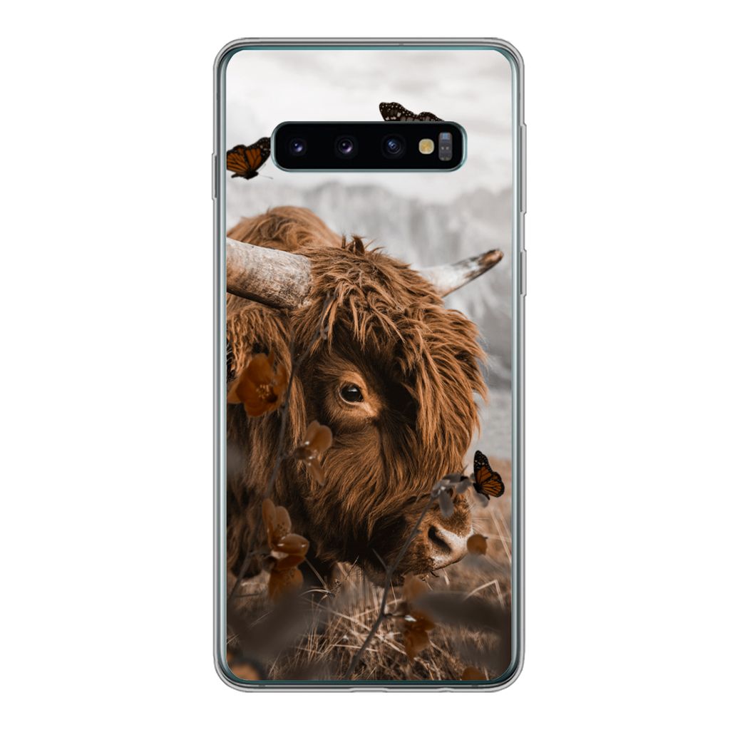 MuchoWow Handyhülle Schutzhülle Hülle für Samsung Galaxy S10 Scottish Highlander - Schmetterlinge - Pflanzen Silikon Softcase Handy Hülle - ...
