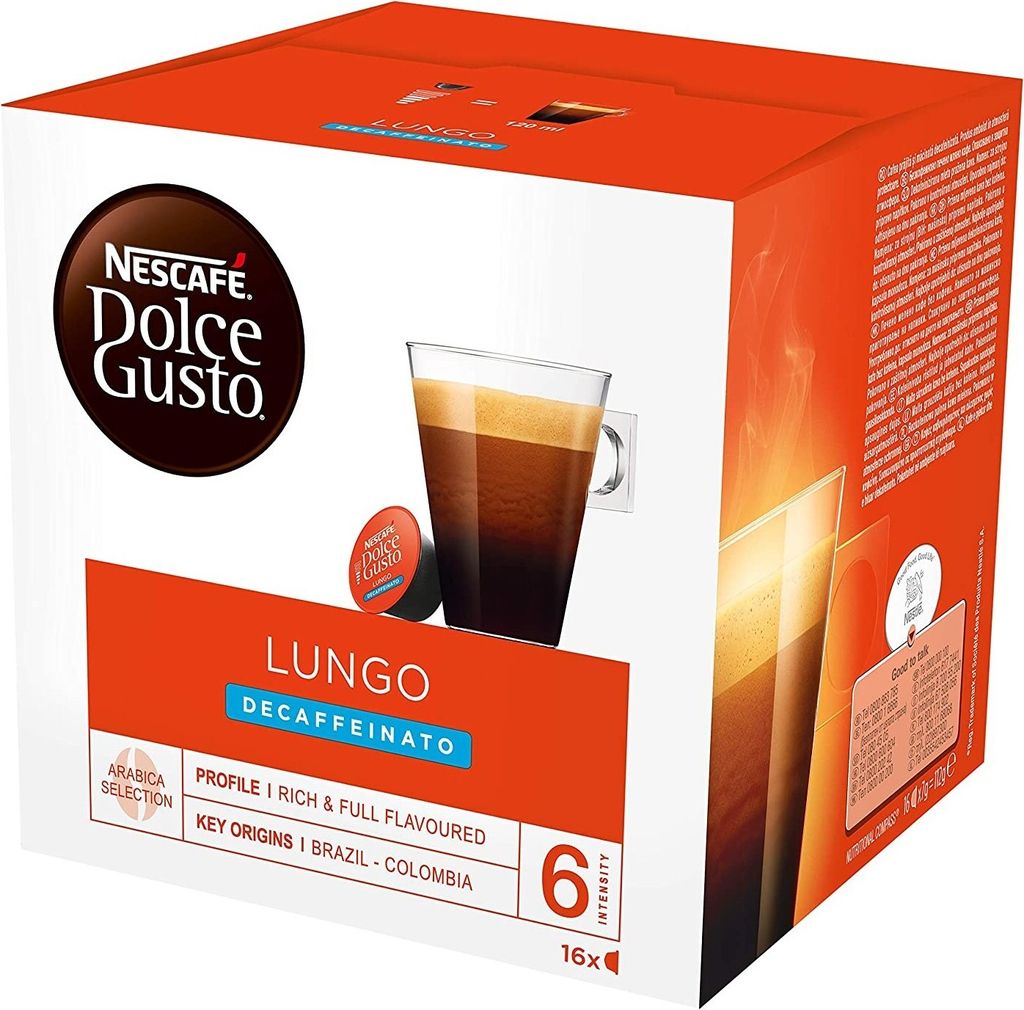 A box of Nescafé Dolce Gusto Lungo decaffeinated coffee capsules.