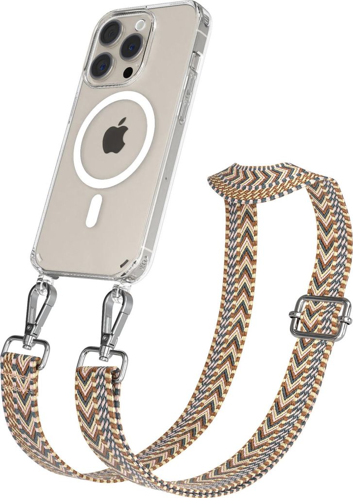 EAZY CASE - Handykette mit MagSafe Hülle für Apple iPhone 15 Pro, Handyband ZigZag Style,Karabiner Silber, Umhängeband in Braun