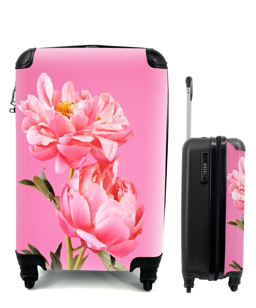 MuchoWow Koffer Handgepäck Trolley Rollkoffer Kleine Reisekoffer mit 4 Rollen - Rosa Pfingstrosen mit rosa Hintergrund - Cabin Size < 55x40x23 c...