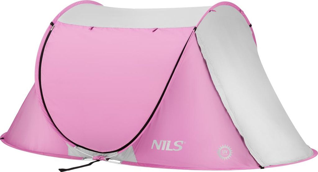A pink pop-up beach tent shown from the front-side.