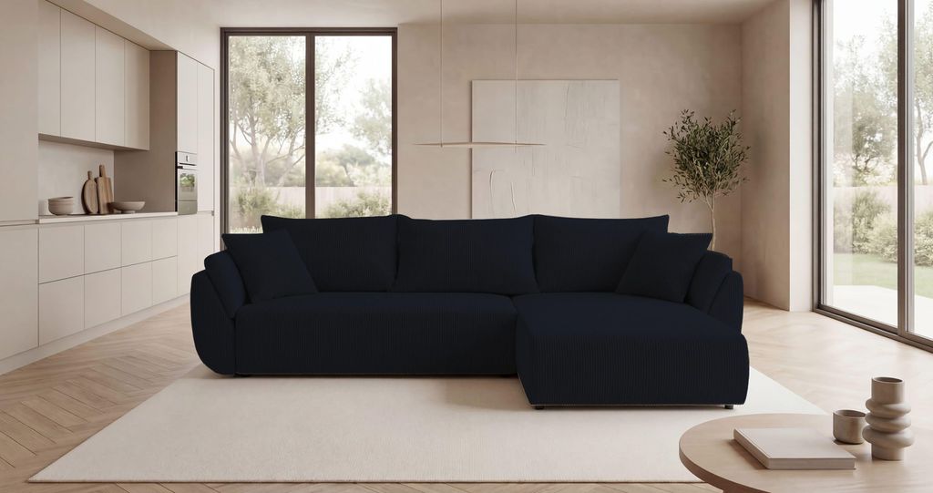 CORNERO Ecksofa mit Schlaffunktion SYDNEY Sofa L-Form Couch mit Bettkasten Eckcouch mit Stauraum Schwarz Ottomane rechts