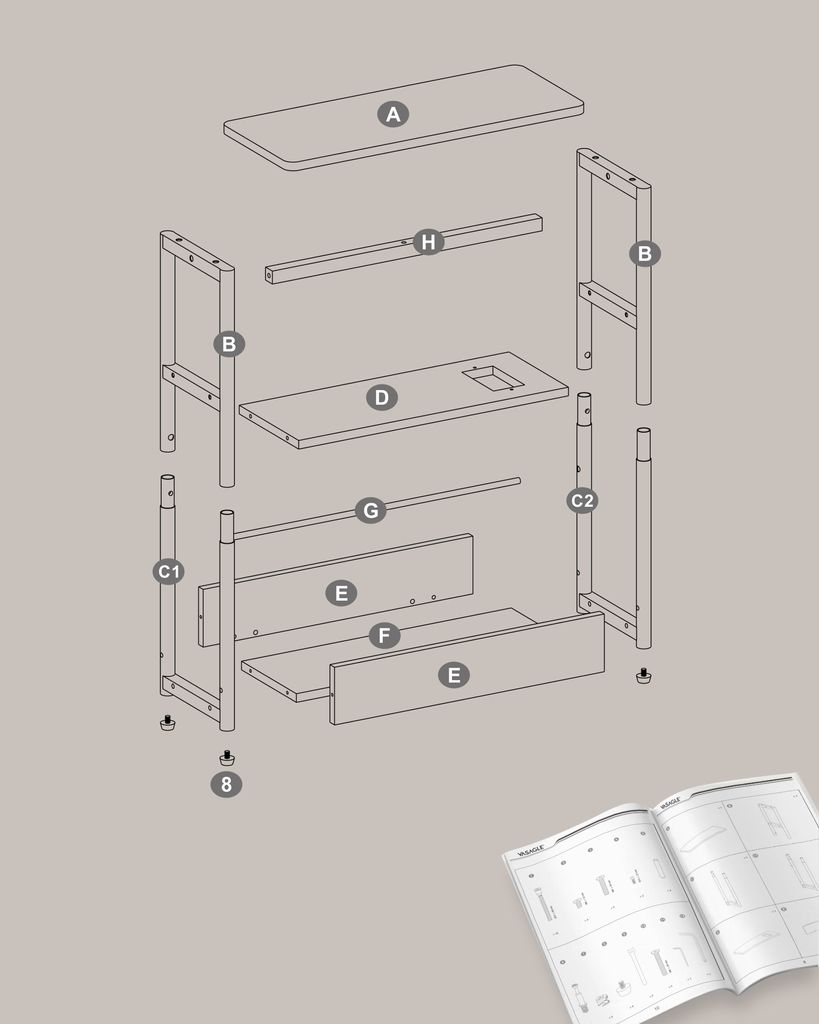 An exploded view of furniture parts with labels, suggesting an assembly instruction manual.