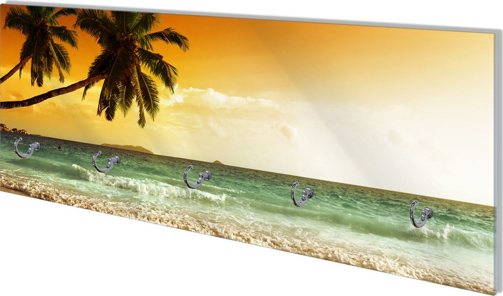 Wallario Flurgarderobe Wandgarderobe aus Glas, mit 5 Haken, Größe 80 x 30 cm, Motiv Palmen am Sandstrand bei untergehender Sonne