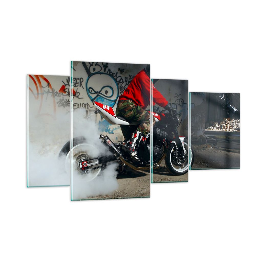 Bilder auf glas - Motorrad motorradfahrer graffiti - 120x70cm - Glasbilder - Wandbilder - Kunstdruck - zum Aufhängen bereit - Wanddekoration aus G...