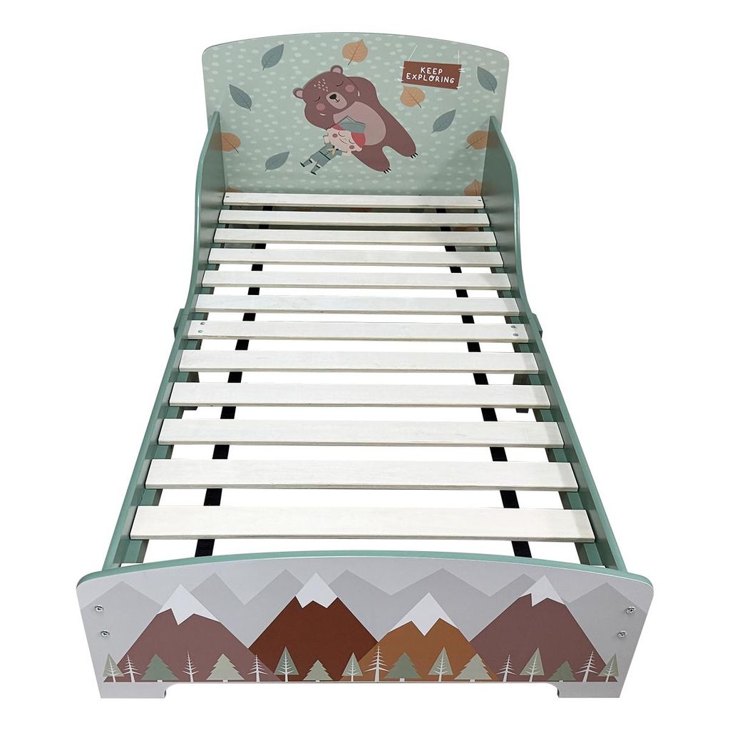 Kinderbett Grün mit Bären & Bergmotiv, beidseitigem Produktbild 