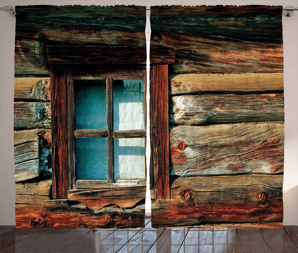 ABAKUHAUS Landschaft Rustikaler Gardine, Holz-Muster-Fenster, Schlafzimmer Kräuselband Vorhang mit Schlaufen und Haken, 280 x 225 cm, Braun und Blau