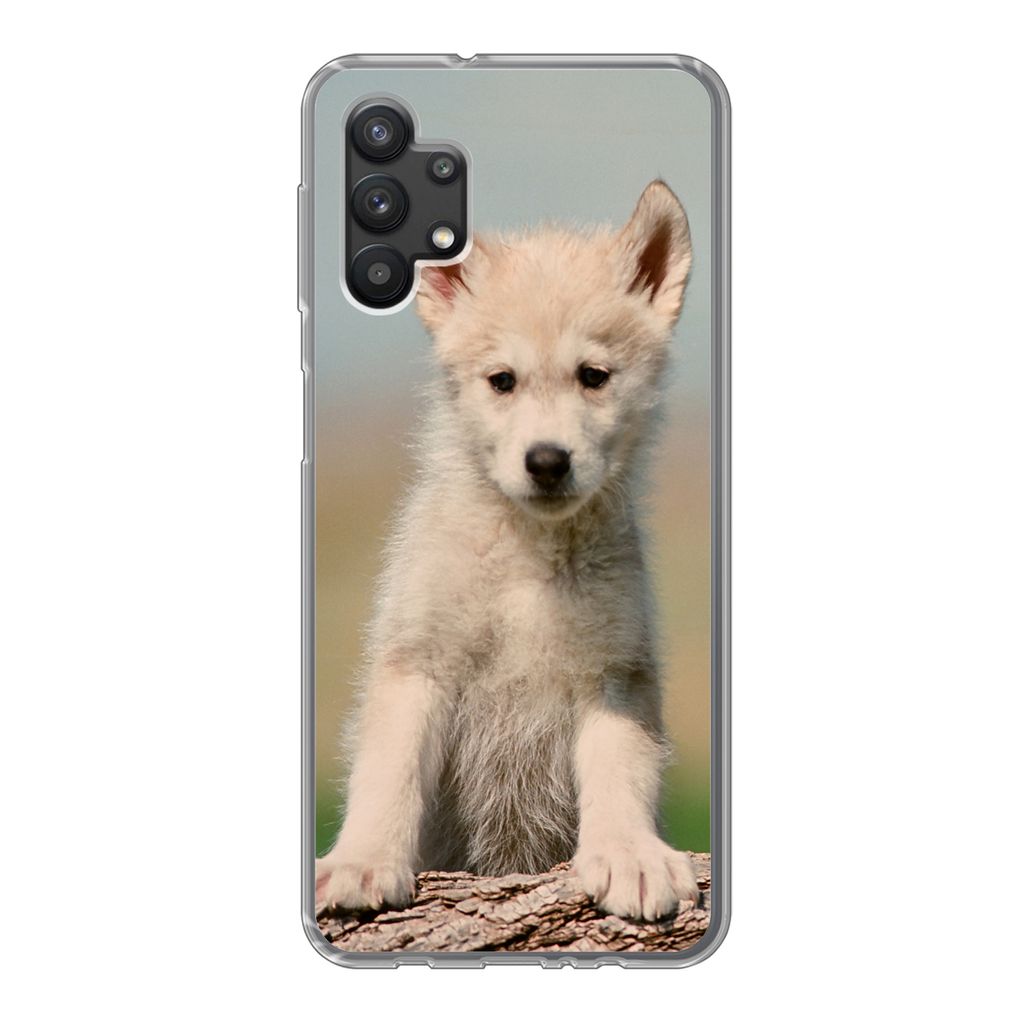 MuchoWow Handyhülle Schutzhülle Hülle für Samsung Galaxy A32 5G Wolf - Kind - Holz Silikon Softcase Handy Hülle - Softcase