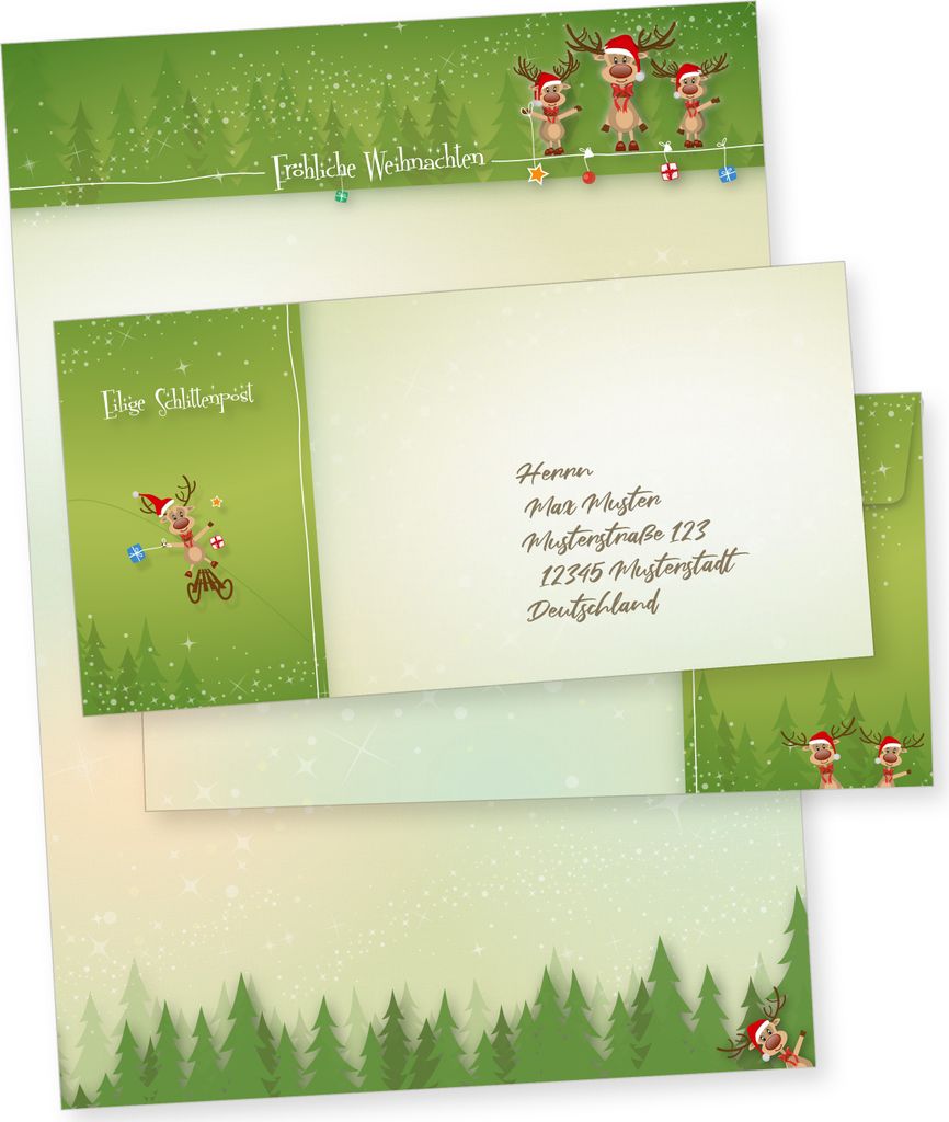 NEU Rentiere 25 Sets Weihnachtsbriefpapier mit Umschlag ohne Fenster, Weihnachtspapier Briefpapier weihnachtliches Papier