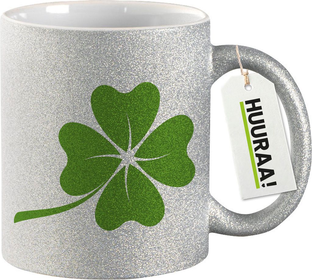 Huuraa Glitzertasse Kleeblatt Silhouette 330ml Silber Keramik Kaffeebecher Geschenkidee