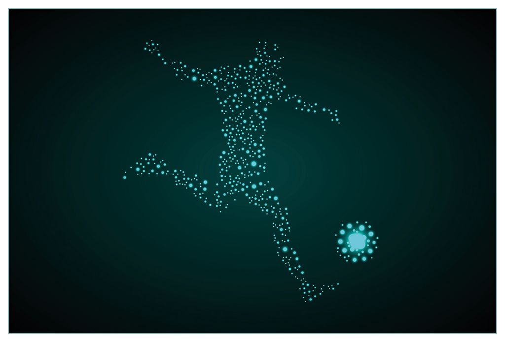 Wallario Küchenrückwand aus Glas, Größe: 90 x 60 cm, Motiv: Fußball - ein Spieler aus tausend Sternen in türkis | Spritzschutz | abwischbar |...