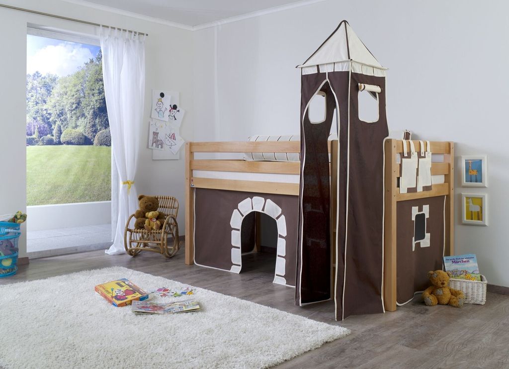 Halbhohes Einzelbett Alex Buche massiv 90x200 cm Natur lackiert mit Stoff-Set
