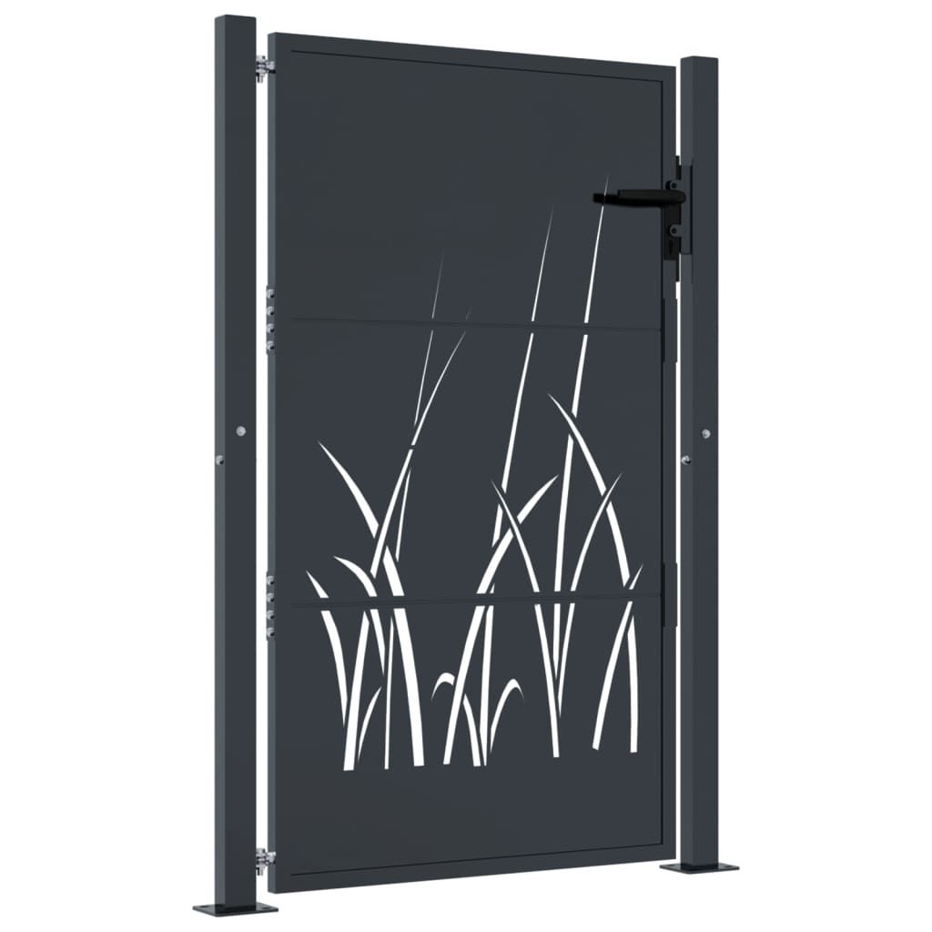 A dark gray metal garden gate with a cut-out grass design, shown against a white background.
