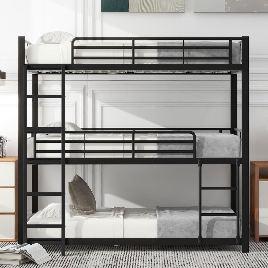 okwish Etagenbett Metallbett 90x200cm mit Lattenrost, Hochbett mit Rausfallschutz, Stockbett Kinderbett Jugendbett für 3 Kinder, Schwarz