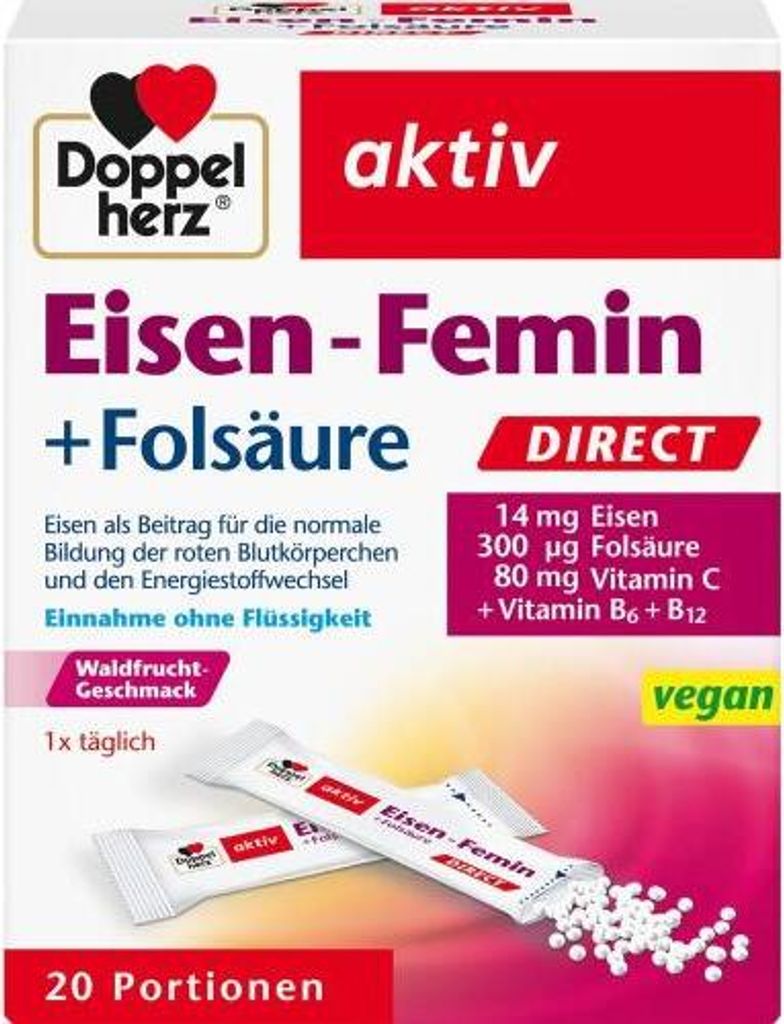 A box of Doppelherz Eisen-Femin Direct Pellets, showing the packaging and two individual sachets of the product.
