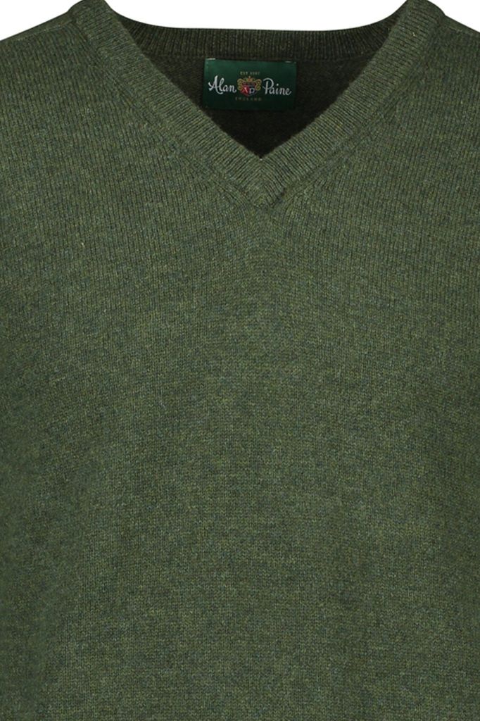 Alan Paine Pullover grüne Wolle V-Ausschnitt