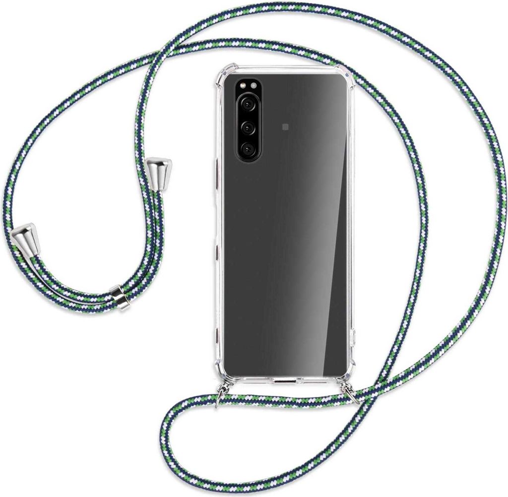 Handykette Backcover-Schutzhülle mit Band (Metall silberfarben) für Sony Xperia 5 III (XQBQ62G) - grün/blau/weiß