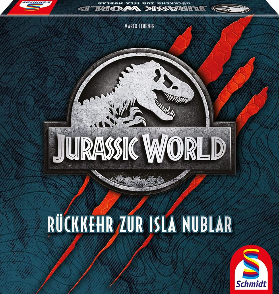 The image shows the front of a board game box for Jurassic World, Rückkehr zur Isla Nublar.