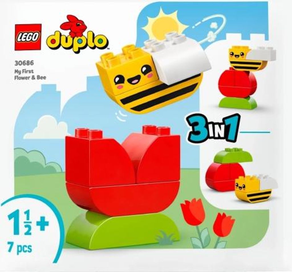 The image shows the packaging of a LEGO DUPLO set, featuring the product and its components.