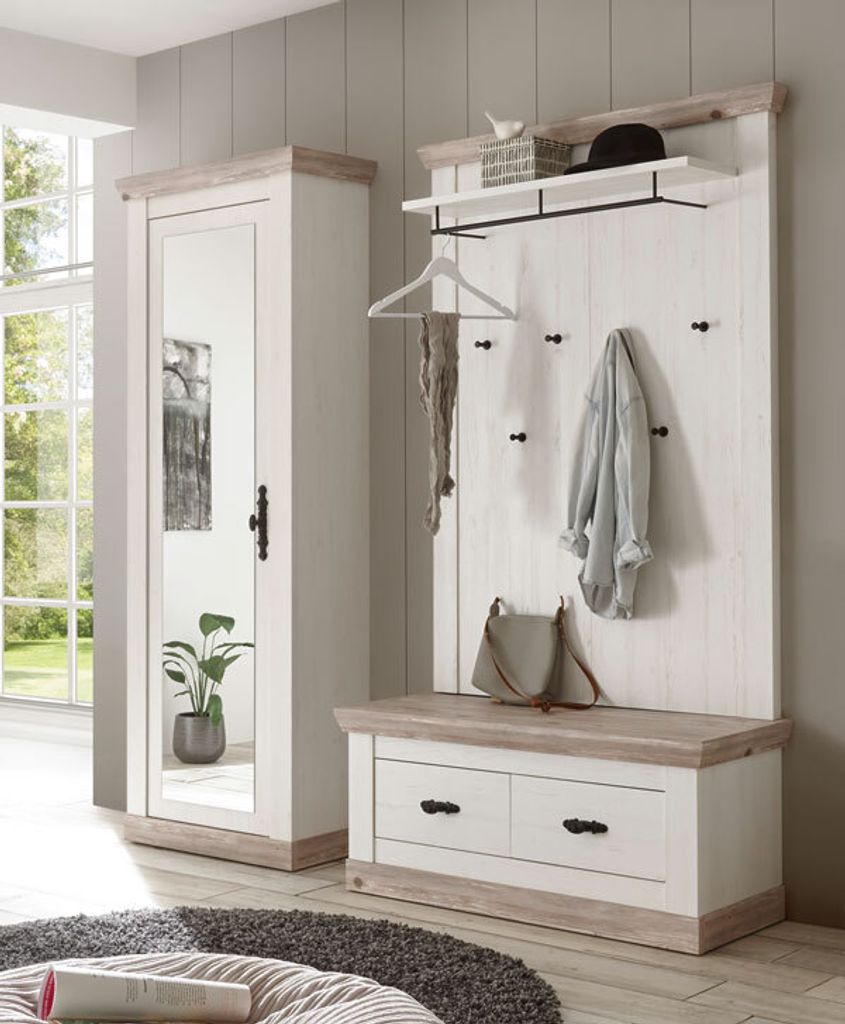 Garderobe Florenz 180cm pinie weiß oslo pinie Sitzbank Schrank Wandpaneel