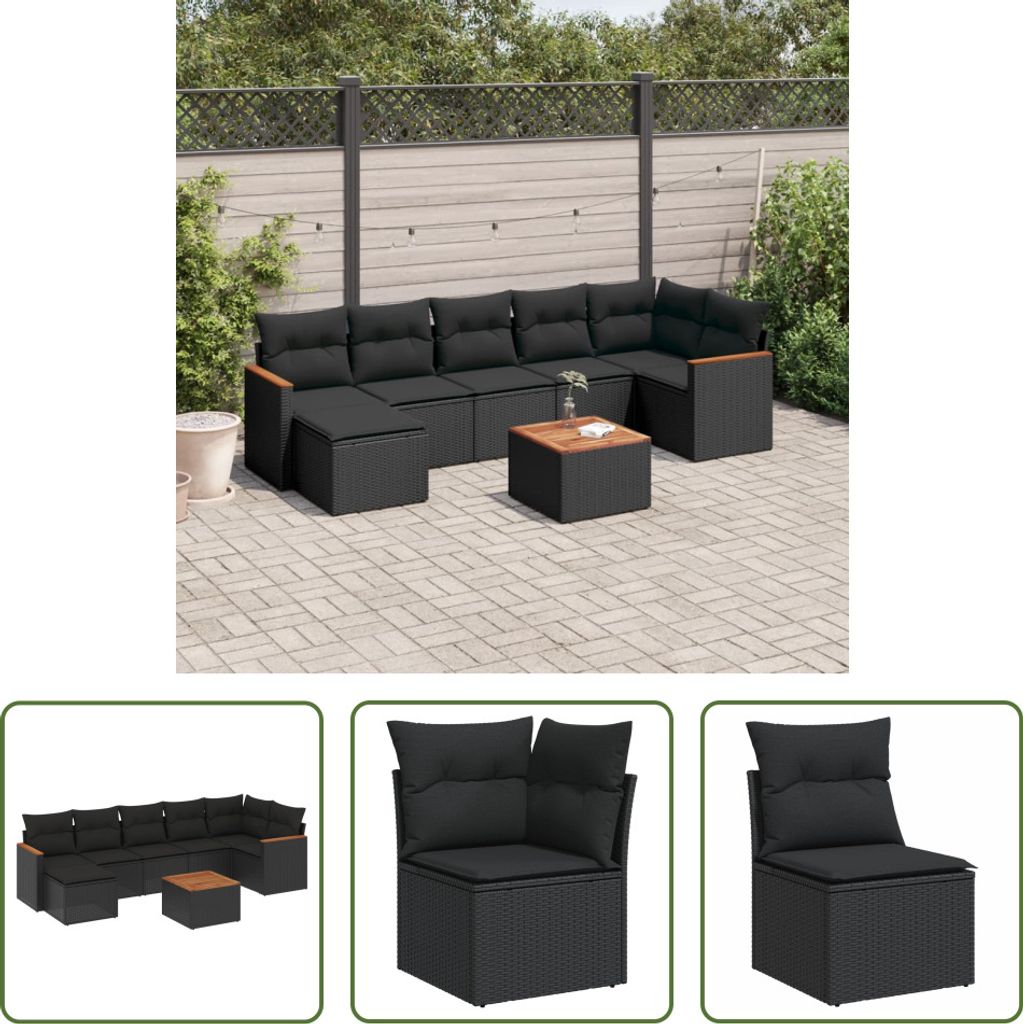 The Living Store 8-tlg. Garten-Sofagarnitur mit Kissen Schwarz Poly Rattan
