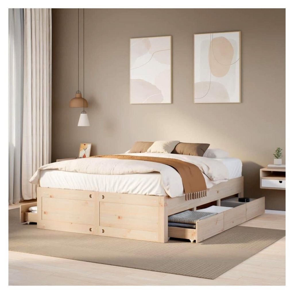 Bettgestell 140x190 cm aus massivem Kiefernholz mit Schubladen