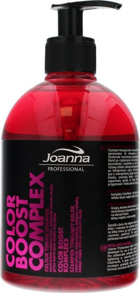 A bottle of Joanna Professional Color Boost Complex shampoo with a pump dispenser.