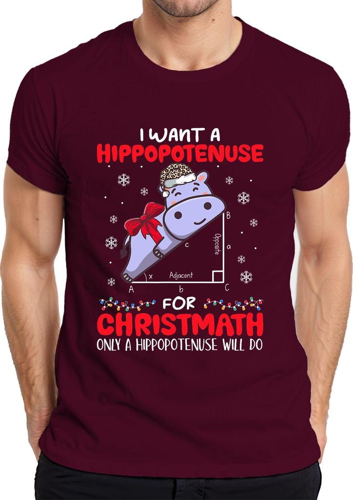 Hippopotenuse Christmath Hippo Santa Schleife Schnee Mathe Lustig Herren T-Shirt, Burgundy, XL