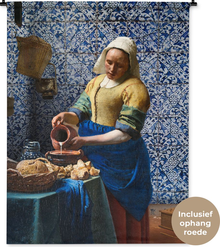 MuchoWow Wandteppich Wandbehang Milchmädchen - Delfter Blau - Vermeer - Gemälde - Alte Meister 120x160 cm Tapisserie Dekoration Wandtuch - Wohn...