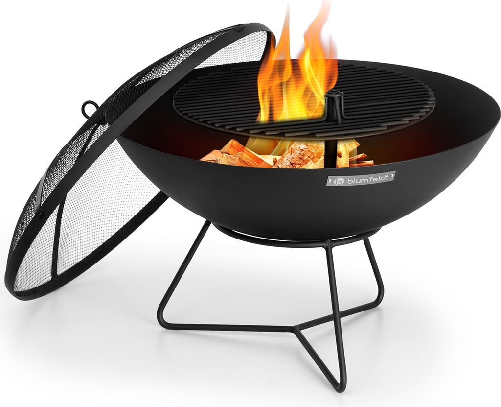 Blumfeldt Orbit - 3-in-1 Stahl-Feuerschale: Feuerstelle, Grill und Gartentisch in einem, Ø 60 cm, 4-fach höhenverstellbarer Grillrost aus solidem...