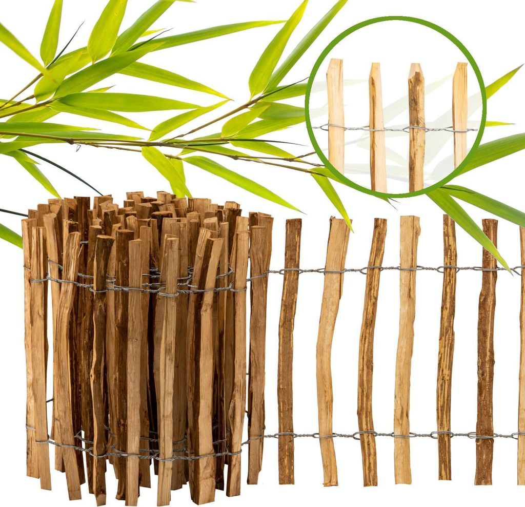 Staketenzaun 100 cm Abstand 3-5cm · 500 cm lang · imprägniertes Haselnuss Holz ·