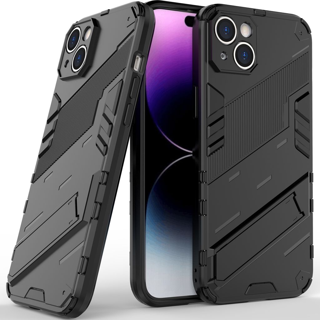 Armor Hülle für iPhone 14, Hybrid PC TPU Bumper Stoßfestes Schutzhülle mit Standfunktion Schwarz