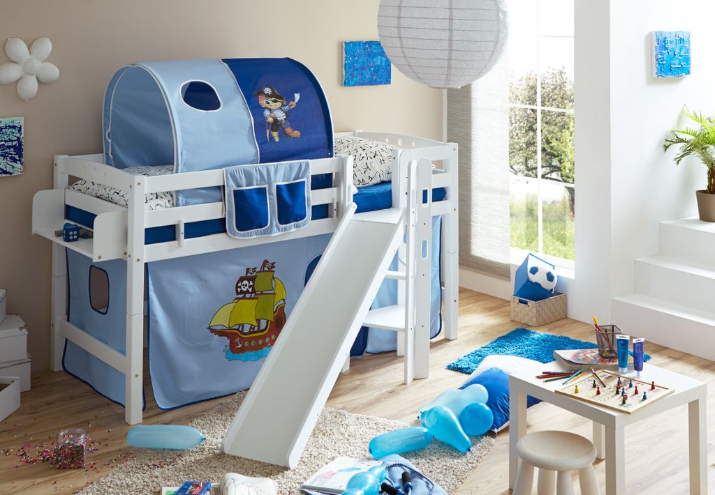 Podestbett mit Rutsche "Tino" Buche Weiß Motiv (Pirat Hellblau-Dunkelblau)