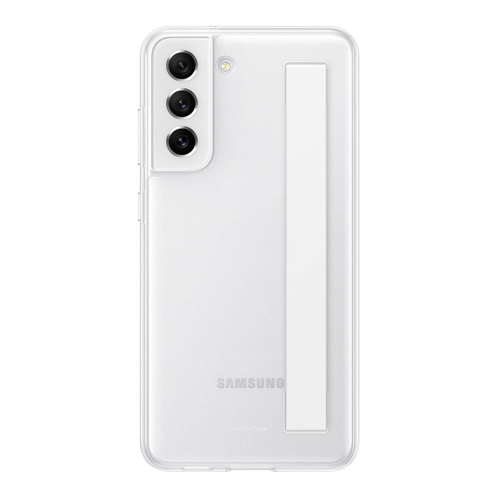 A white Samsung phone case with a clear back and a white strap is shown against a white background.