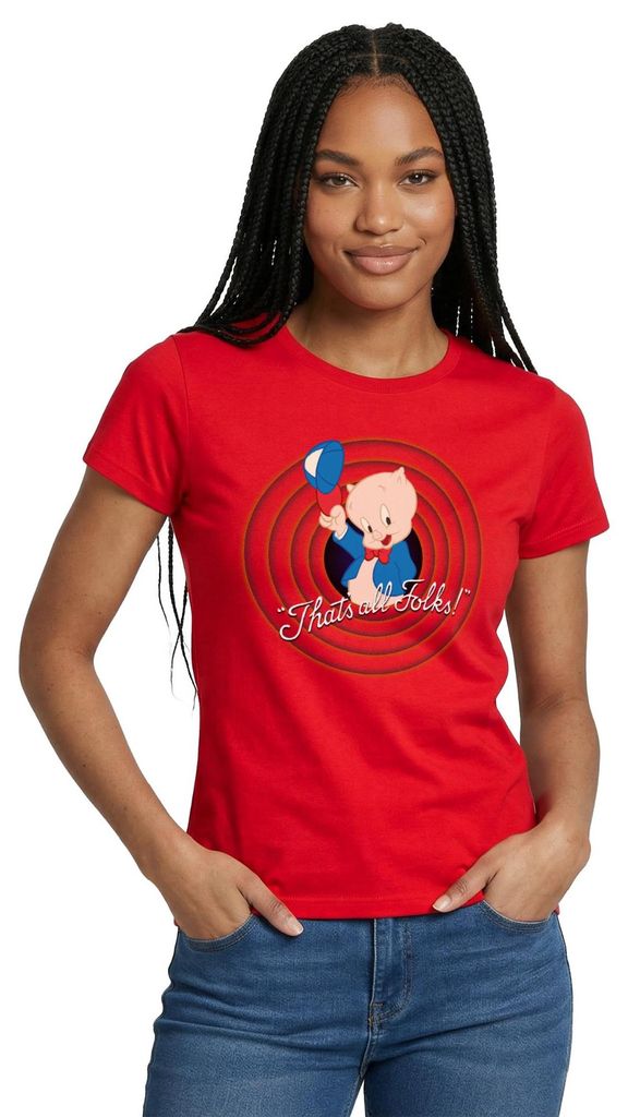 Spreadshirt Looney Tunes Schweinchen Dick Thats All Folks Frauen T-Shirt, S, Rot