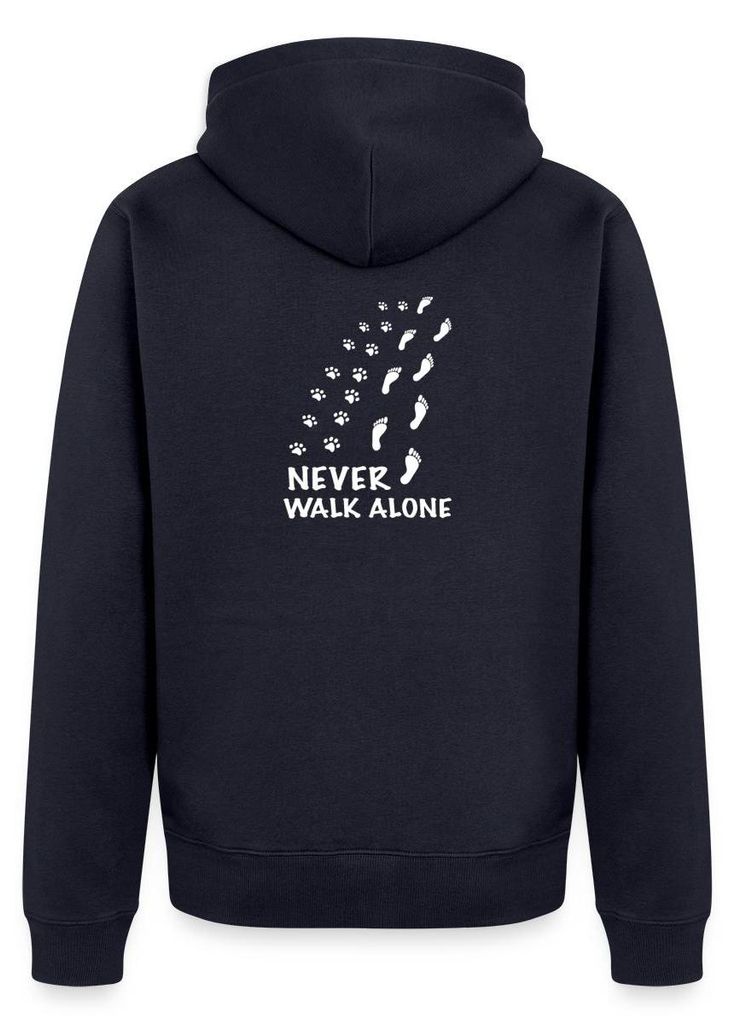 Spreadshirt Never Walk Alone Pfoten Fußspuren Hund Mensch Kapuzenjacke Herren, M, Navy