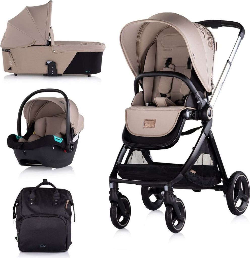 A collage of a baby stroller system with multiple components.