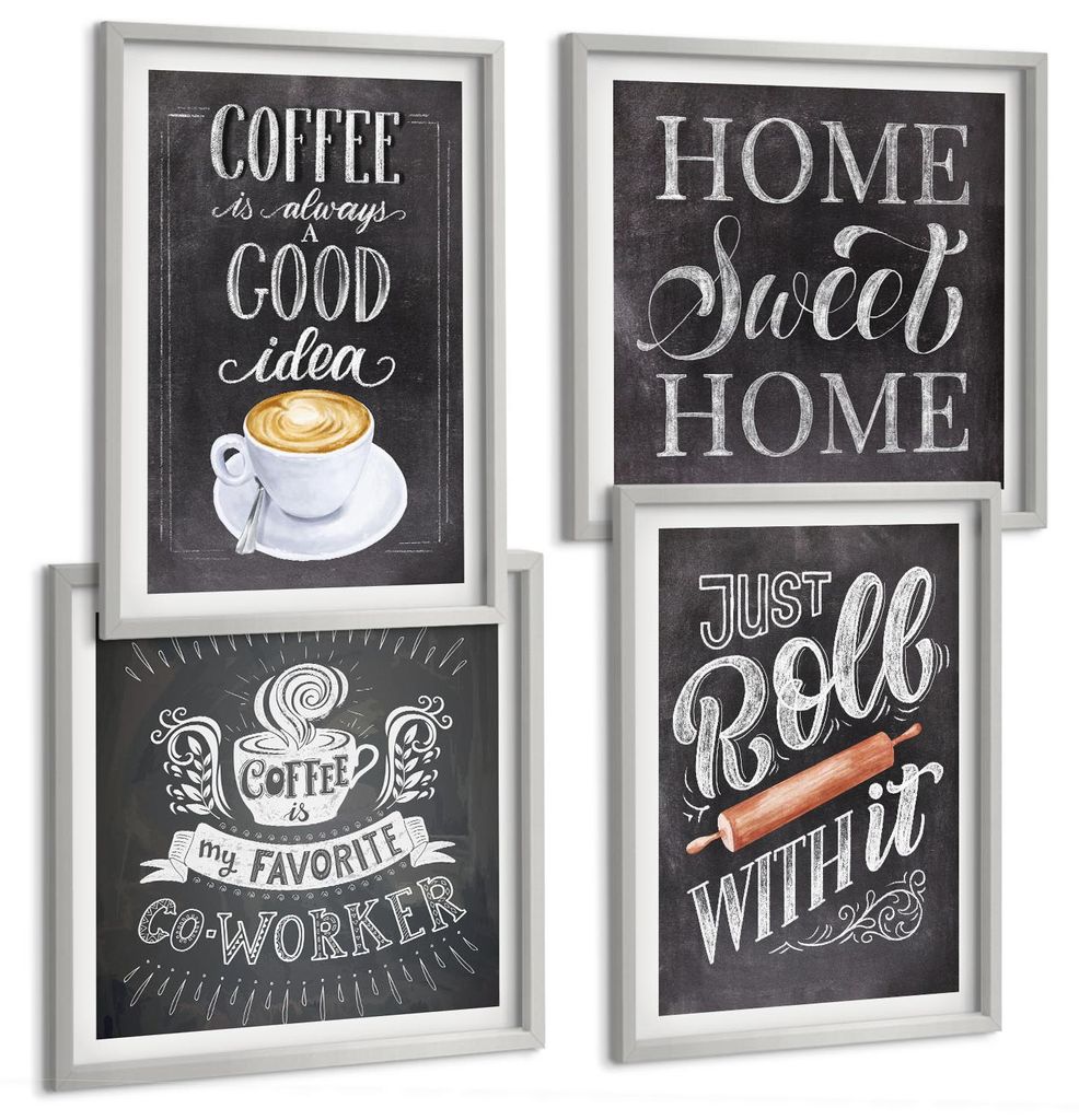 Bilder Set 4-teilig im silbergerahmten Rahmen – Wandbilder 4 Stück – gerahmte Poster für Wohnzimmer, Schlafzimmer und Flur – 50x50 cm - 40x...